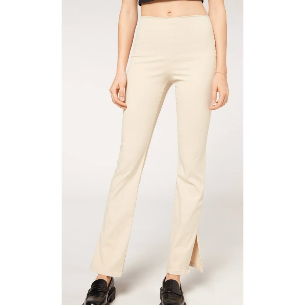 Calzedonia Beige High Waisted Flare Leggings Split Hem Pants Small MODP1149